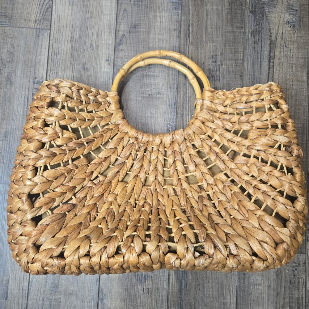 Limited Edition Straw Woven Tote Bag Natural Tan Bamboo Handle Summer Beach Boho
